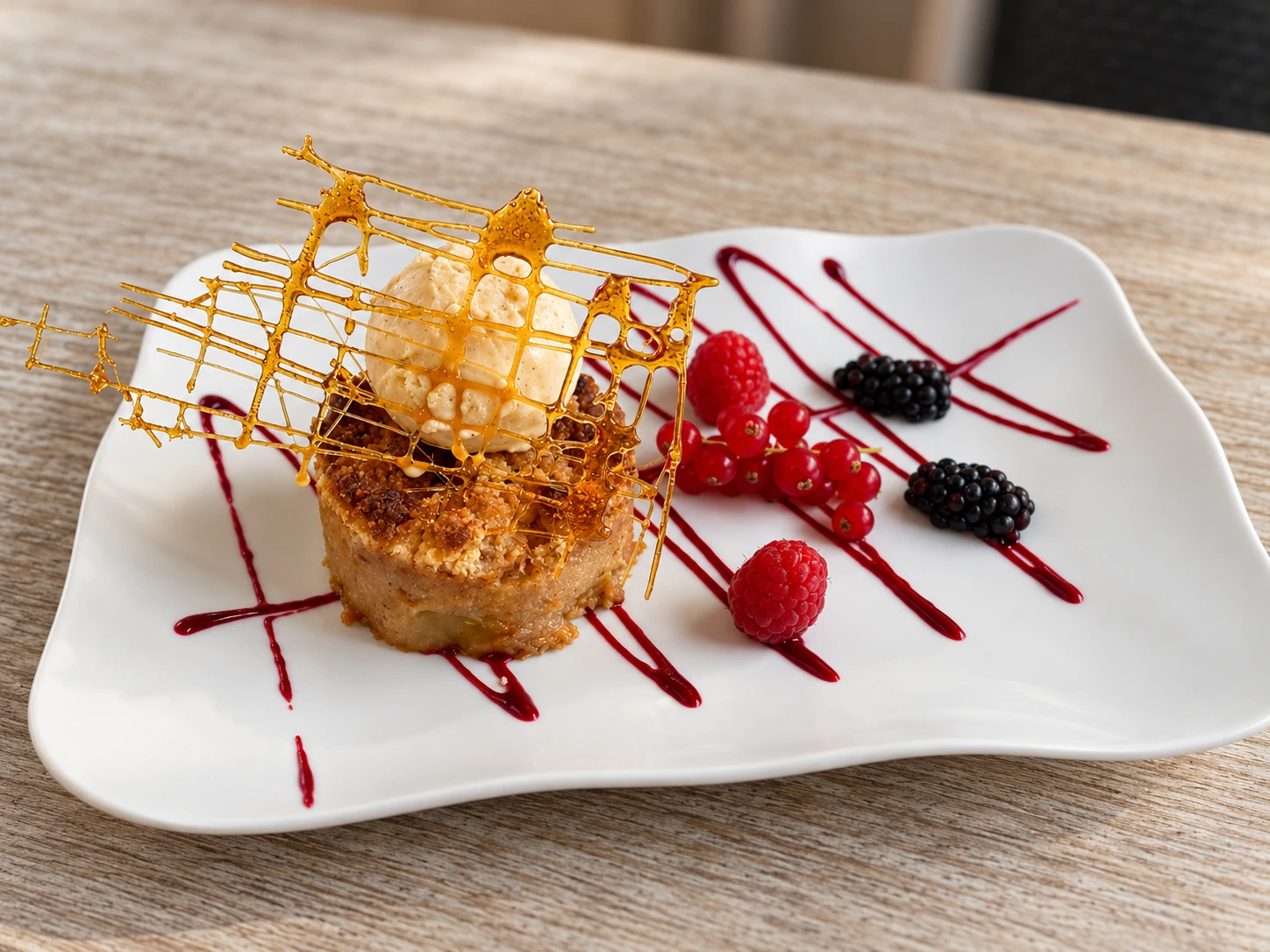 Dessert aux fruits rouges et dentelle de caramel